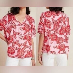 Anthropologie Vineet Bahl Blouse, Size XS, Pink & Red Hand Woven Rayon